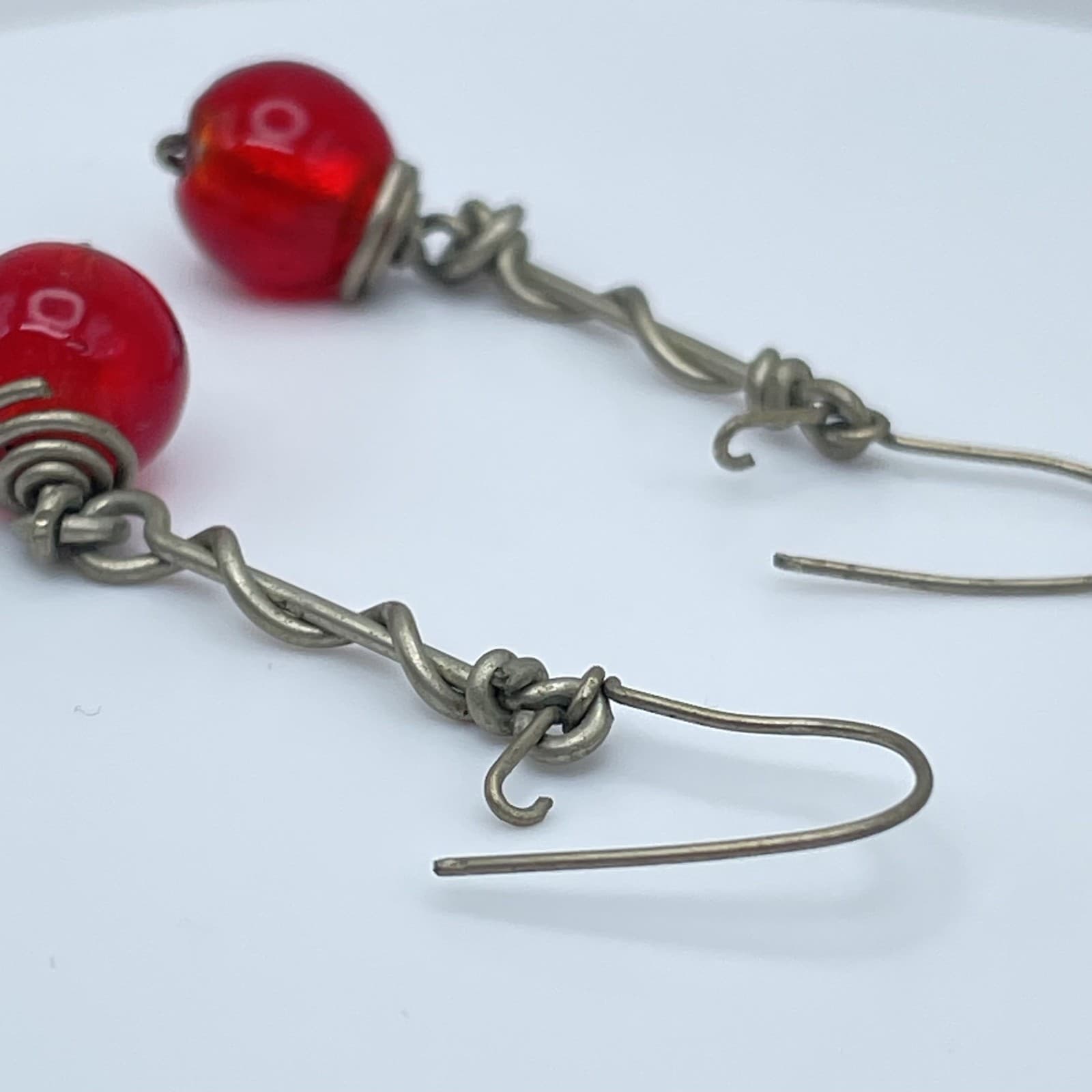 Vintage Handmade Carnelian Red Bead Wire Wrapped Dangle Drop Earrings Boho - Thumbnail 7