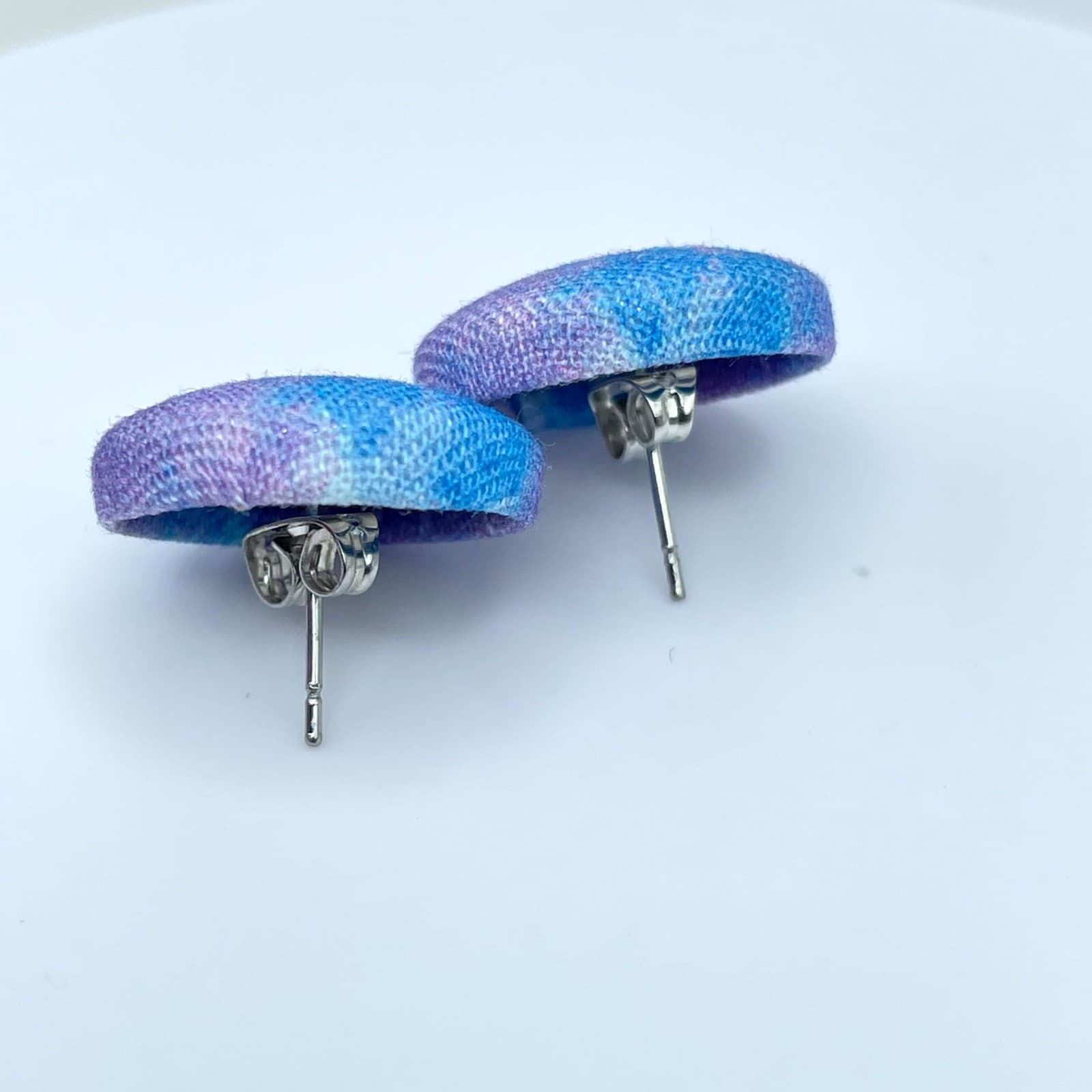 Vintage Blue Purple Tie Dye Fabric Covered Round Button Studs Earrings - Thumbnail 8