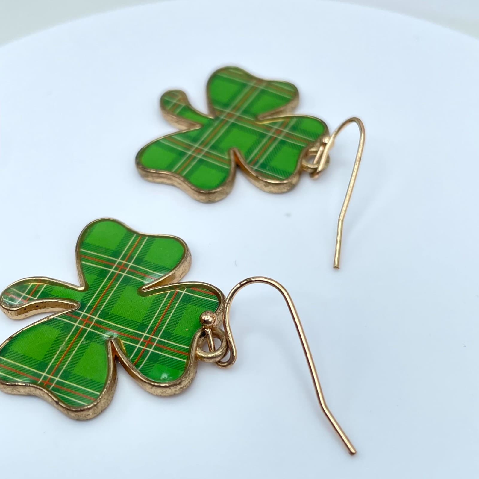 Vintage Green Plaid Shamrock Earrings Gold Tone Tartan Clover Irish St Patrick's - Thumbnail 5