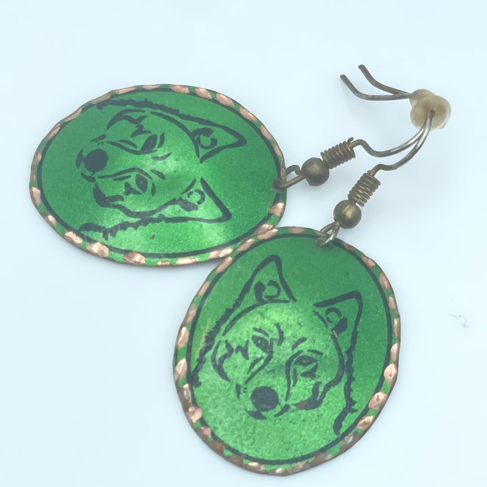 Vintage Copper Wolf Head Earrings Hand Painted Green Enamel Boho Animal Jewelry - Thumbnail 6