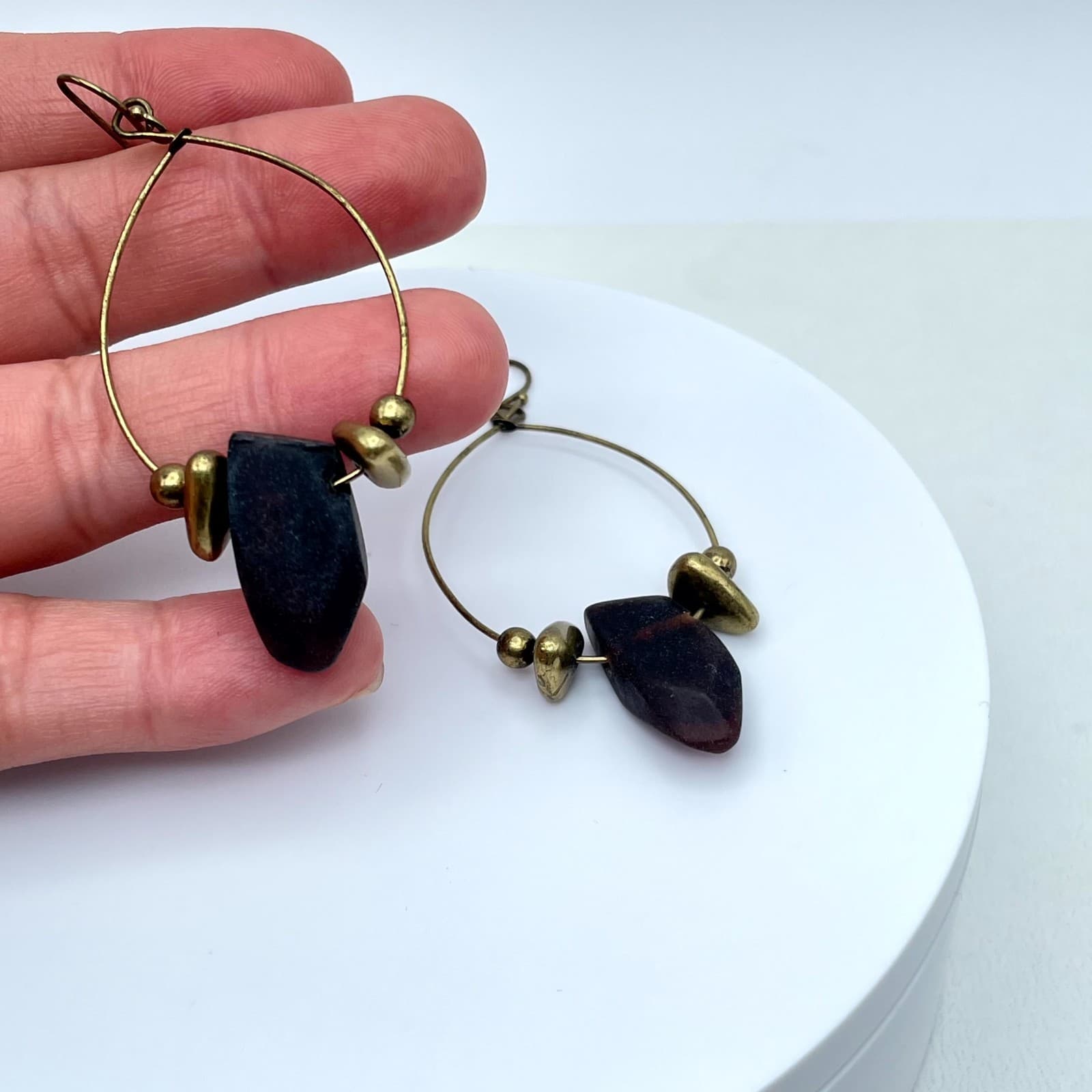 Handmade Brass Teardrop Hoop Earrings Raw Dark Purple Stone Boho Artisan Jewelry - Thumbnail 9
