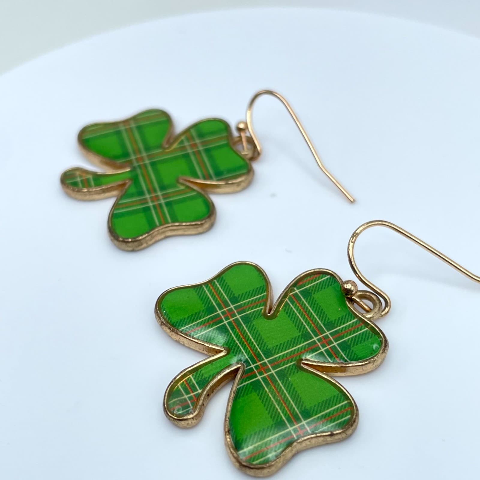Vintage Green Plaid Shamrock Earrings Gold Tone Tartan Clover Irish St Patrick's - Thumbnail 4