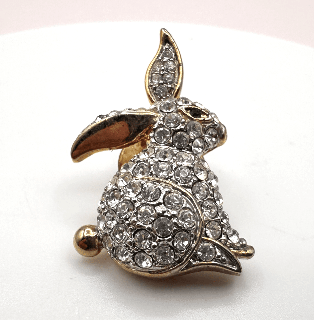 Vintage 80s Rhinestone Rabbit Bunny Brooch Pin Gold Tone Clear Crystals Jewelry - Image 1