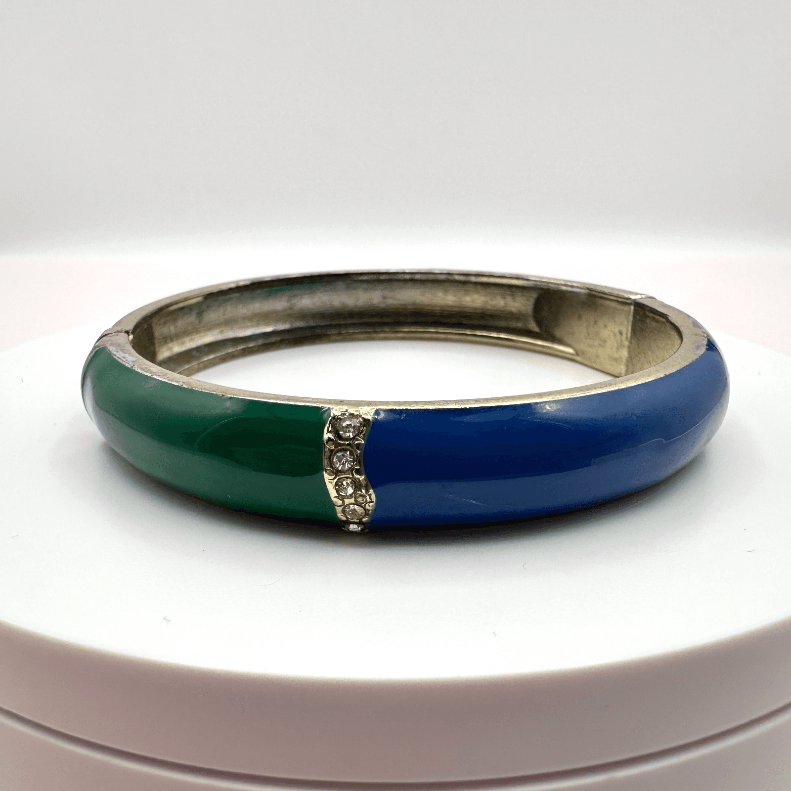 Vintage 90s Blue Green Enamel Bangle Bracelet Silver Tone Hinged Crystal Jewelry - Image 1