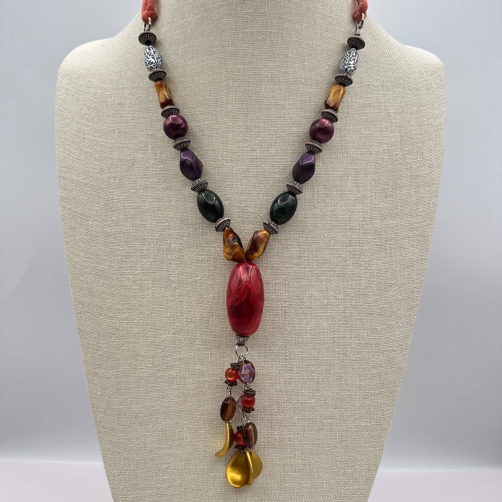 Vintage 80s Statement Necklace Red Green Purple Lariat Drop Pendant Jewelry - Thumbnail 2