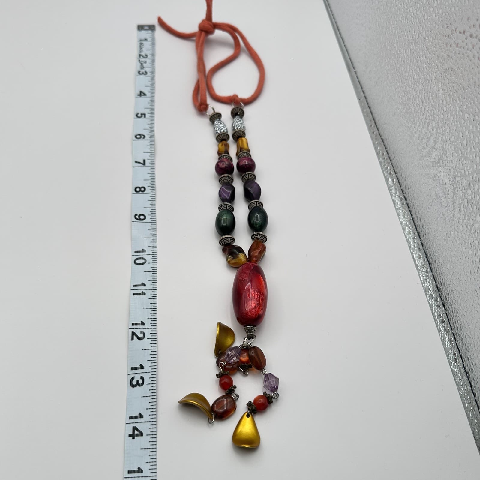 Vintage 80s Statement Necklace Red Green Purple Lariat Drop Pendant Jewelry - Thumbnail 11