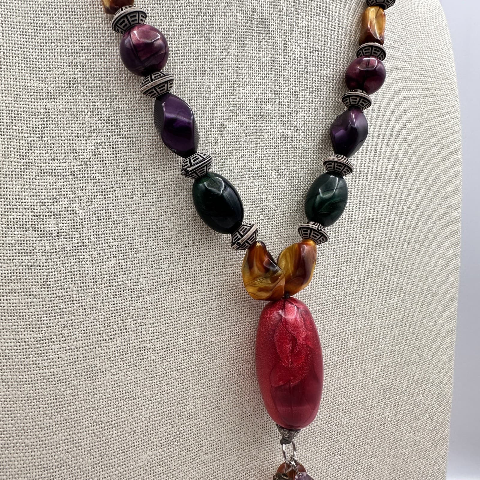 Vintage 80s Statement Necklace Red Green Purple Lariat Drop Pendant Jewelry - Thumbnail 6
