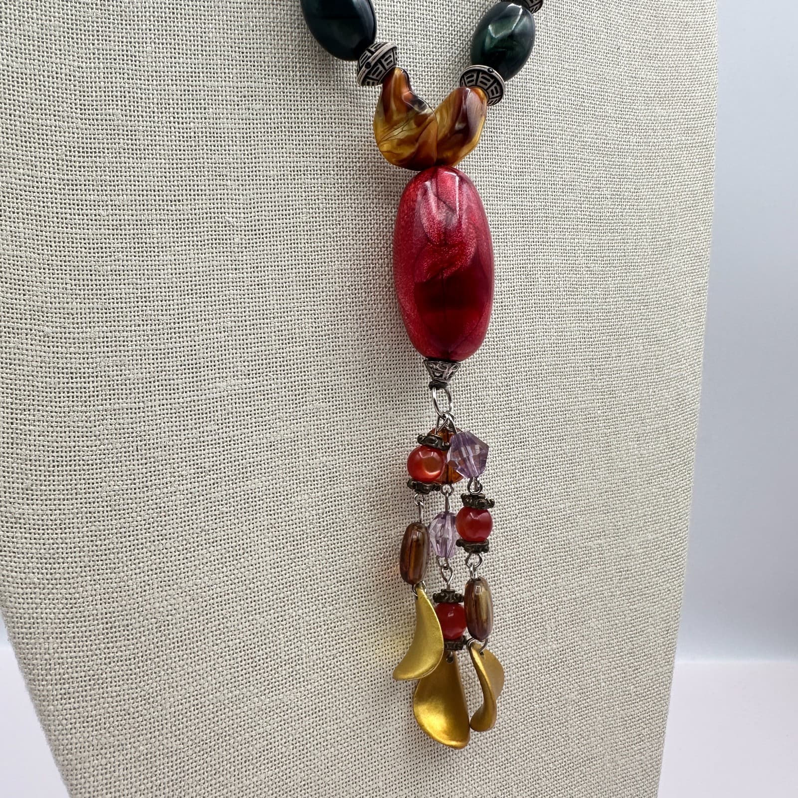 Vintage 80s Statement Necklace Red Green Purple Lariat Drop Pendant Jewelry - Thumbnail 4
