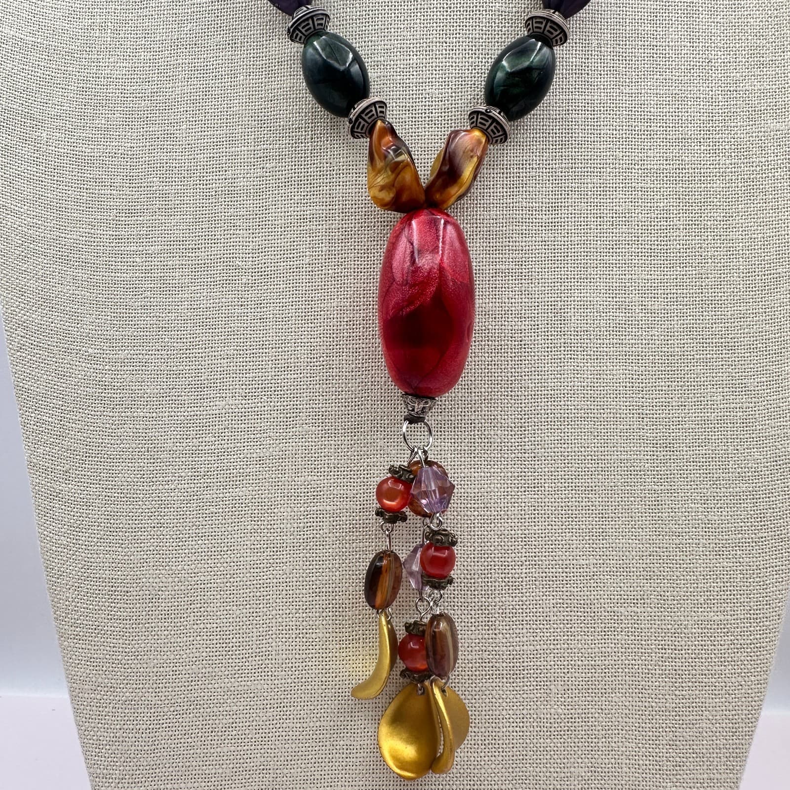 Vintage 80s Statement Necklace Red Green Purple Lariat Drop Pendant Jewelry - Thumbnail 3