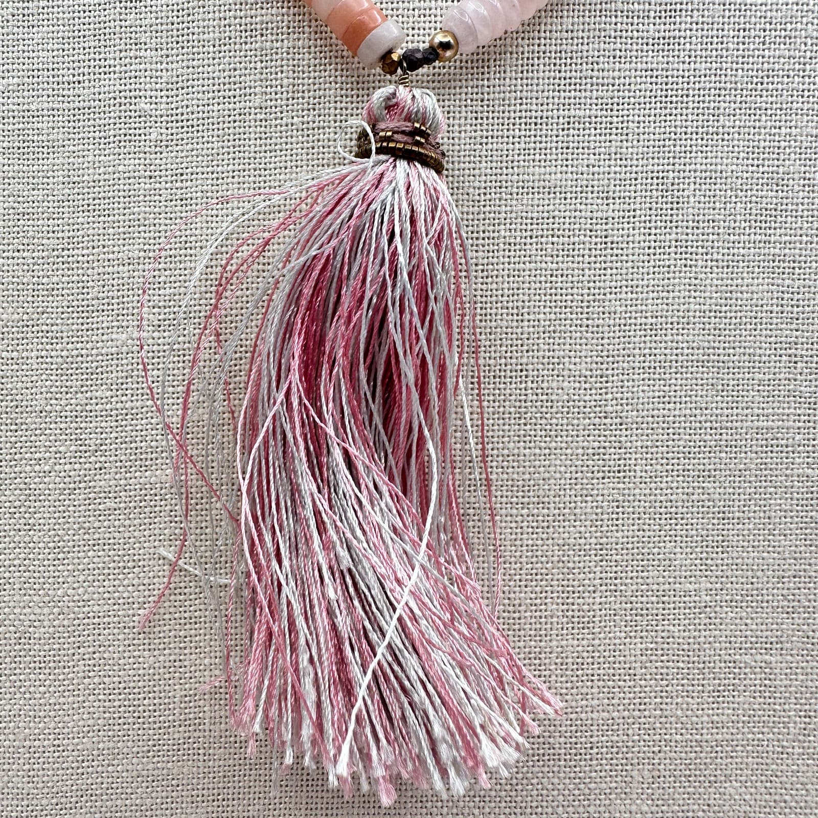 Vintage 80s Pink Peach Sunstone Gemstone Tassel Lariat Bead Necklace Jewelry - Thumbnail 4