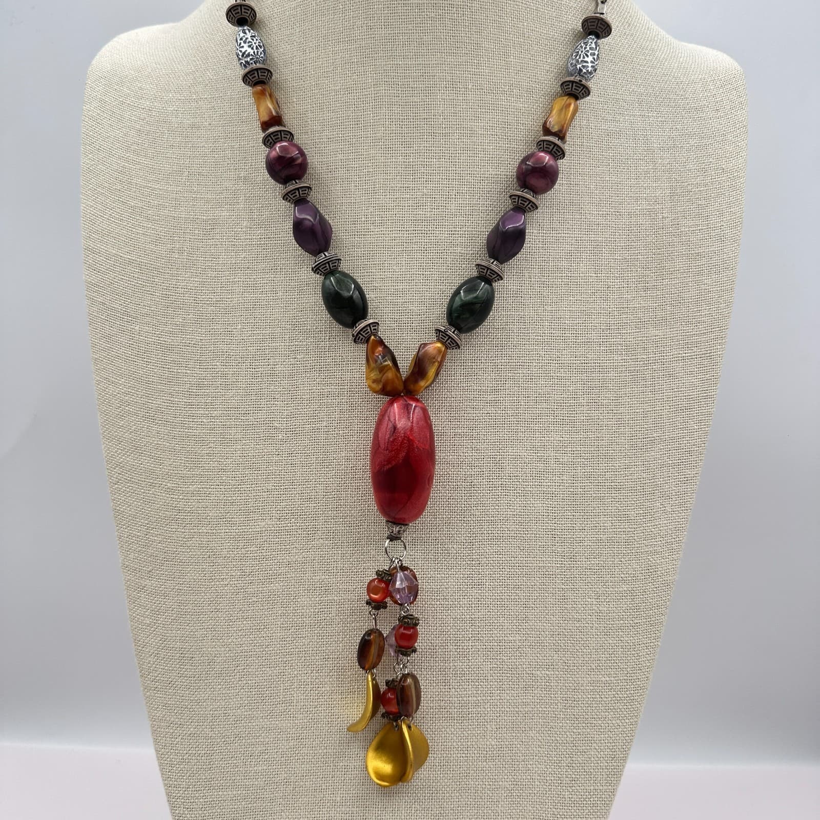 Vintage 80s Statement Necklace Red Green Purple Lariat Drop Pendant Jewelry - Image 1