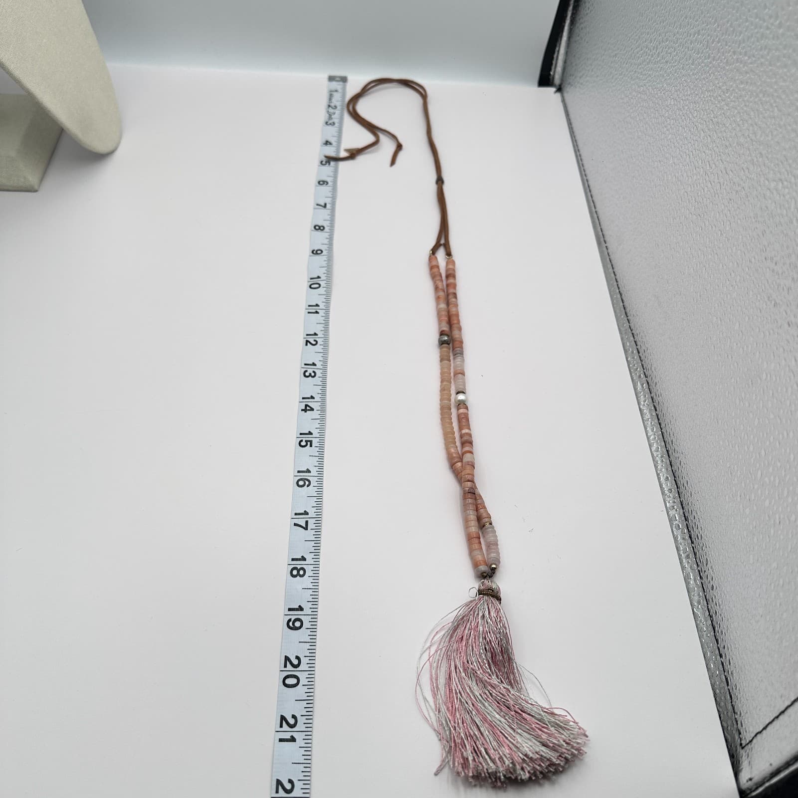 Vintage 80s Pink Peach Sunstone Gemstone Tassel Lariat Bead Necklace Jewelry - Thumbnail 7