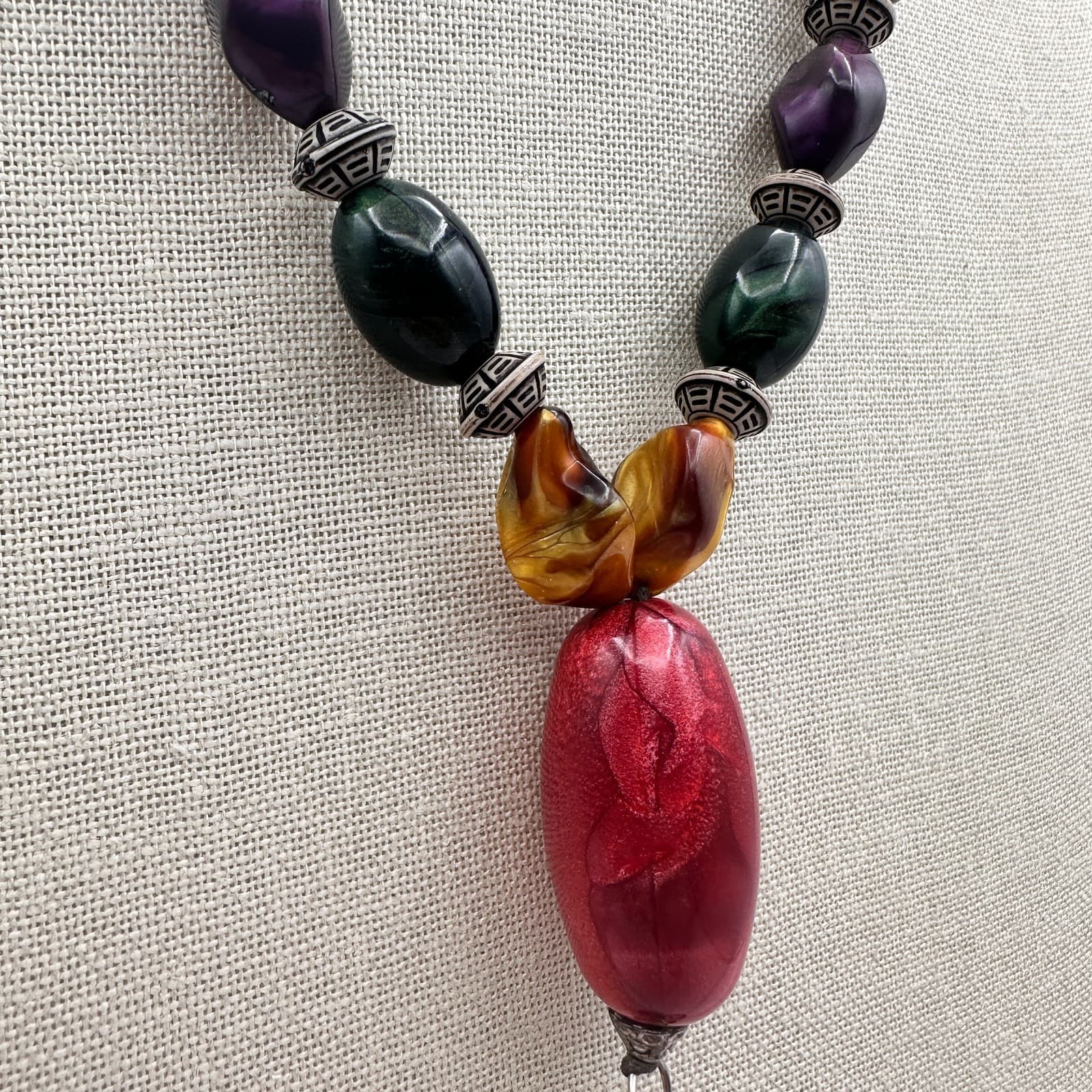 Vintage 80s Statement Necklace Red Green Purple Lariat Drop Pendant Jewelry - Thumbnail 7