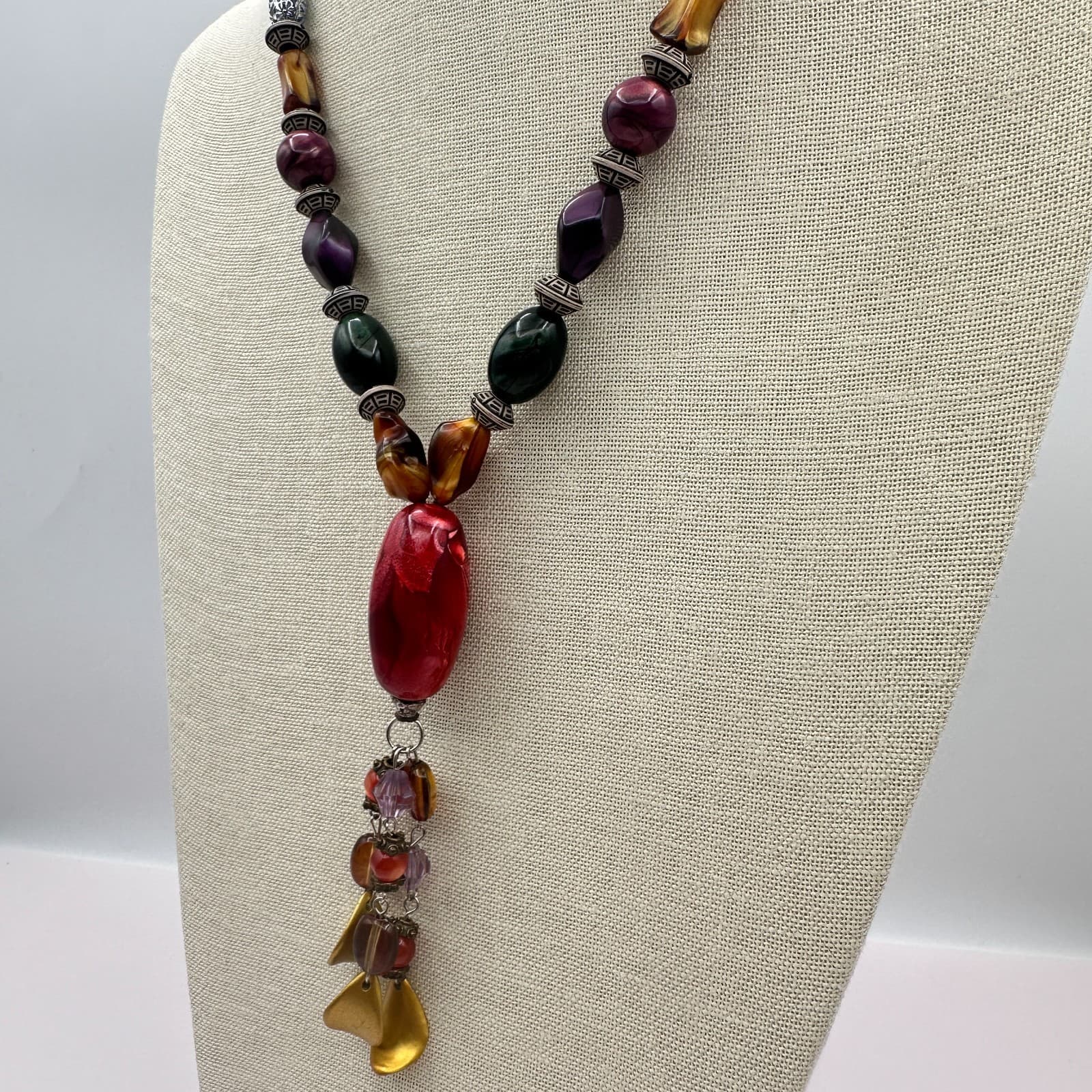 Vintage 80s Statement Necklace Red Green Purple Lariat Drop Pendant Jewelry - Thumbnail 8