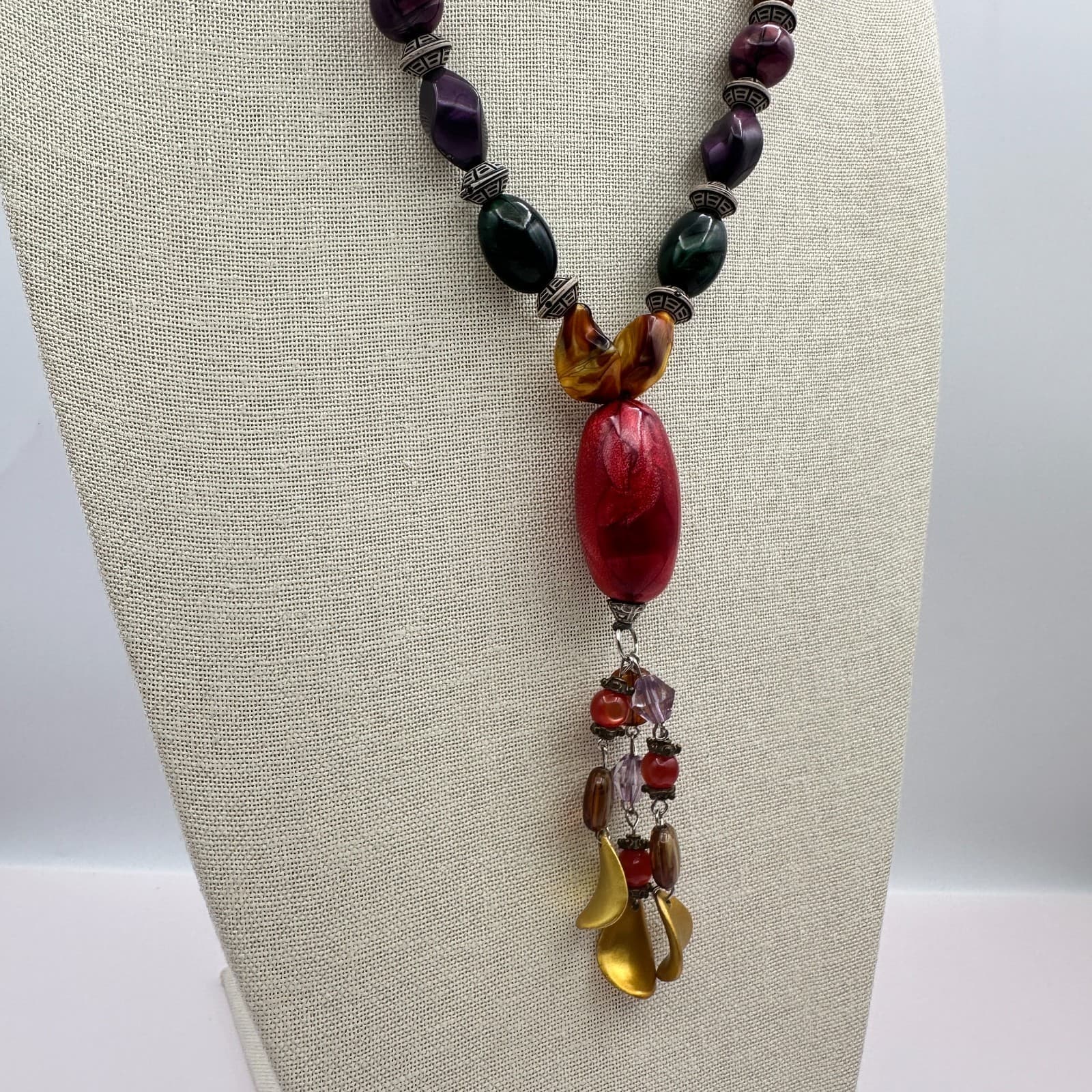 Vintage 80s Statement Necklace Red Green Purple Lariat Drop Pendant Jewelry - Thumbnail 5