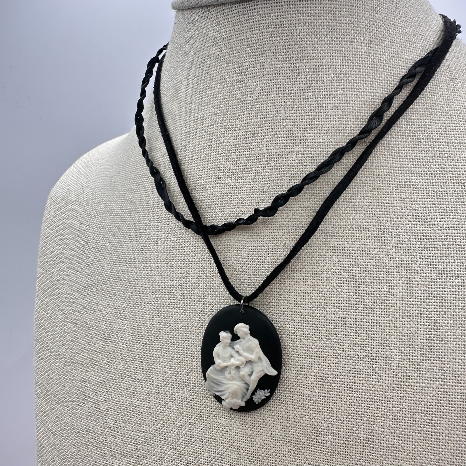 Vintage 90s Courting Scene Pendant Necklace Double Strand Black Cord Jewelry - Thumbnail 5