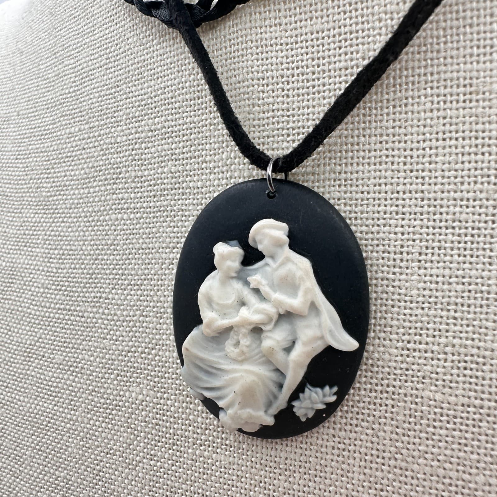 Vintage 90s Courting Scene Pendant Necklace Double Strand Black Cord Jewelry - Thumbnail 6