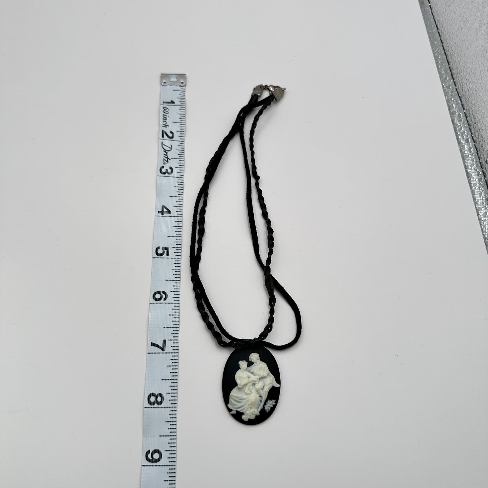 Vintage 90s Courting Scene Pendant Necklace Double Strand Black Cord Jewelry - Thumbnail 8