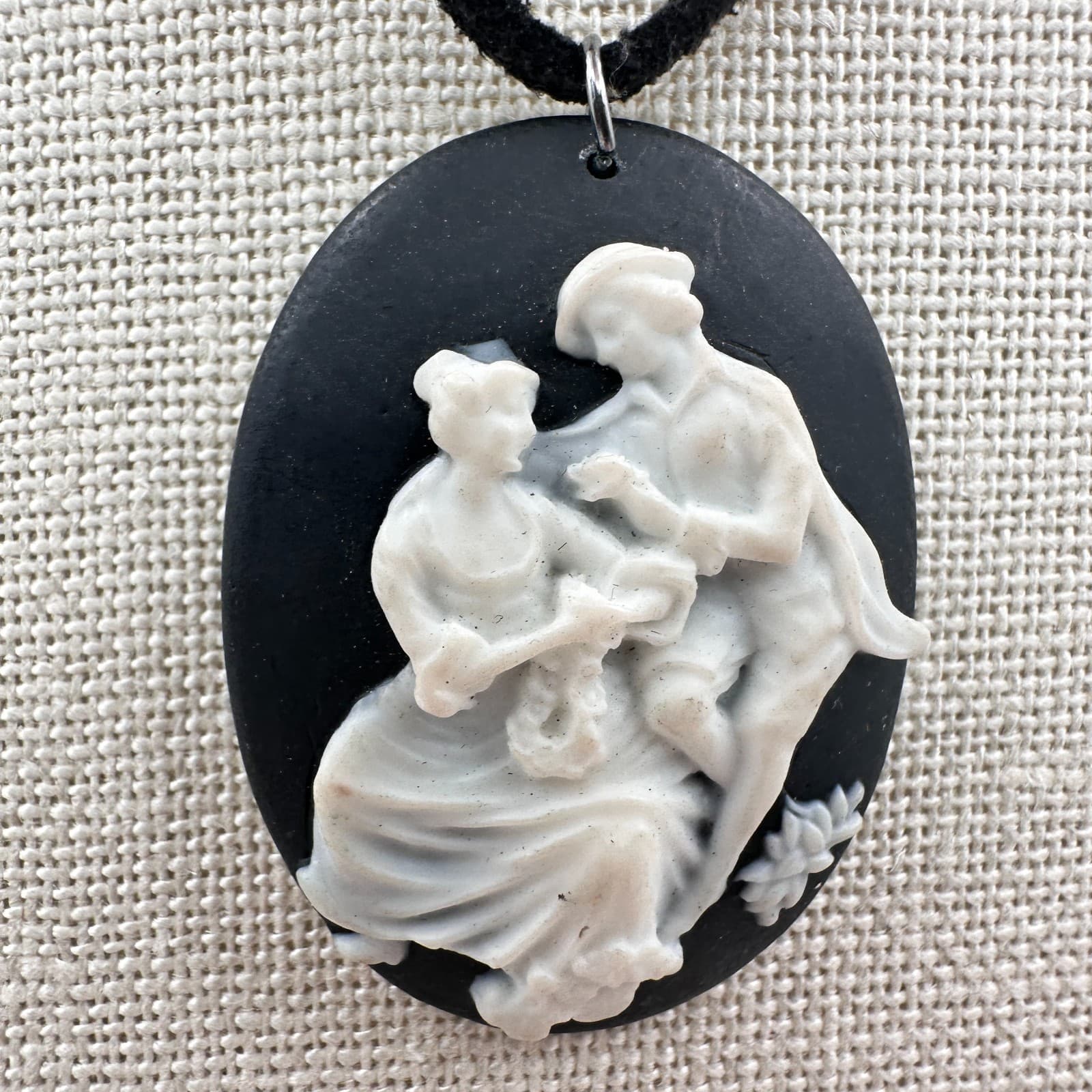 Vintage 90s Courting Scene Pendant Necklace Double Strand Black Cord Jewelry - Thumbnail 3
