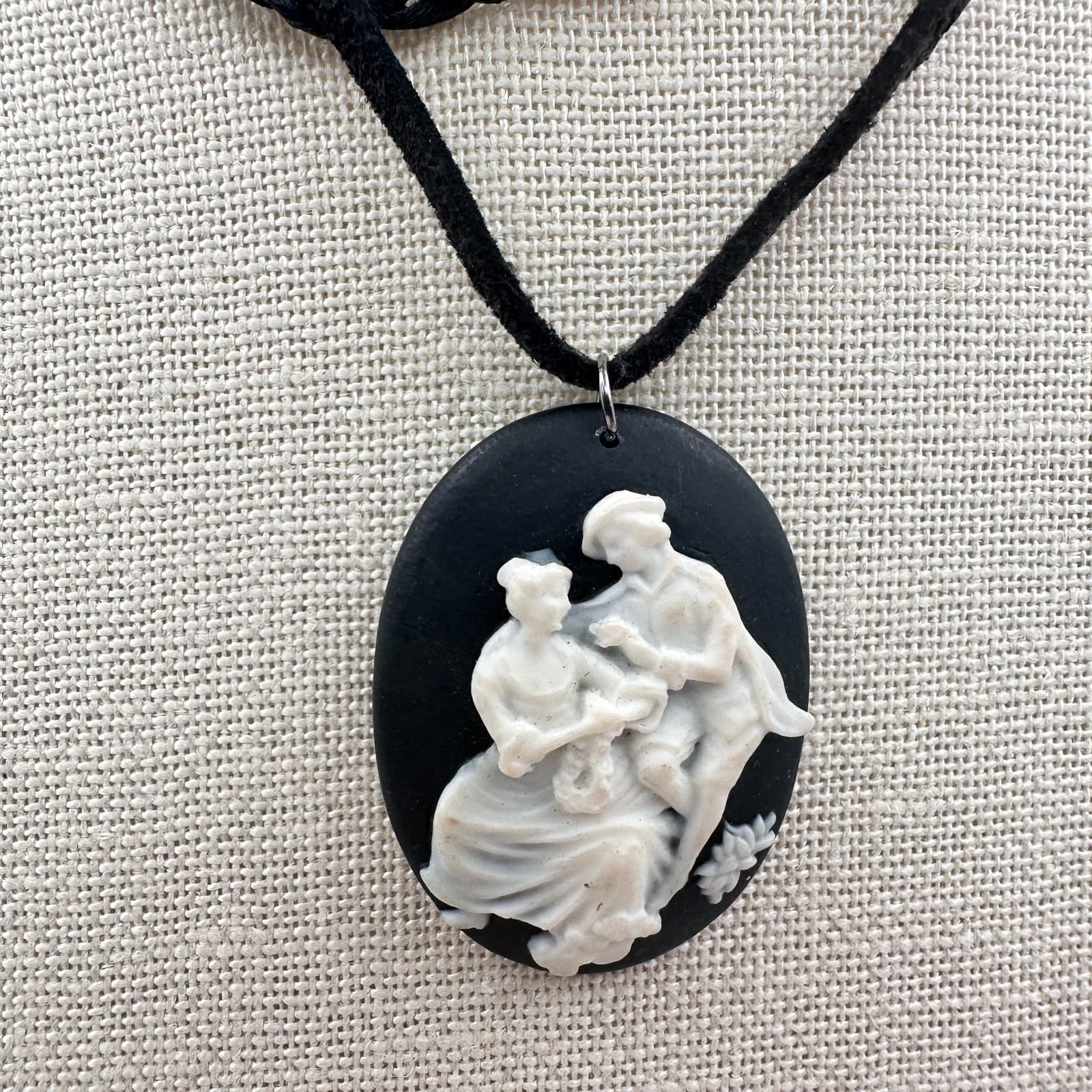 Vintage 90s Courting Scene Pendant Necklace Double Strand Black Cord Jewelry - Thumbnail 2