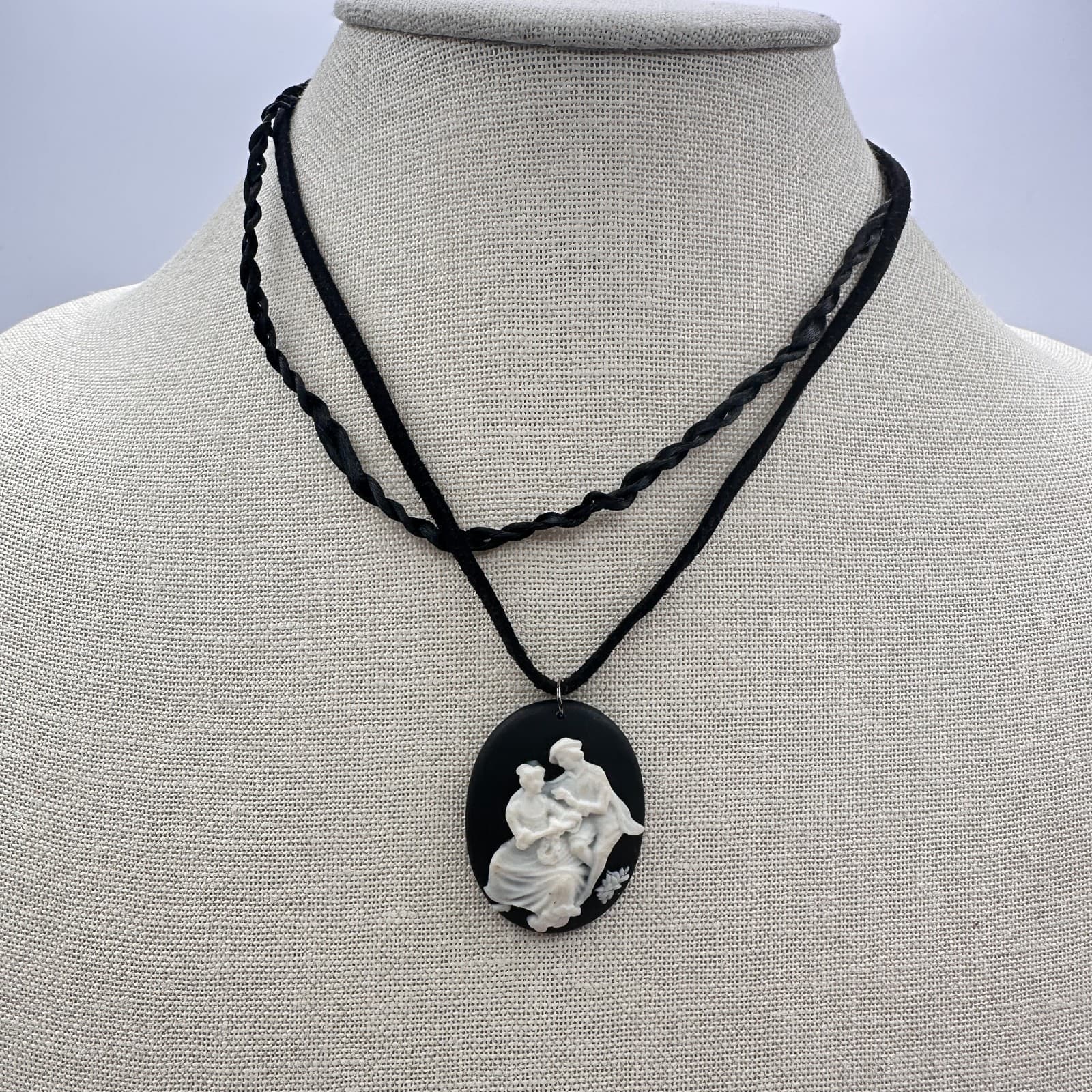 Vintage 90s Courting Scene Pendant Necklace Double Strand Black Cord Jewelry - Thumbnail 7