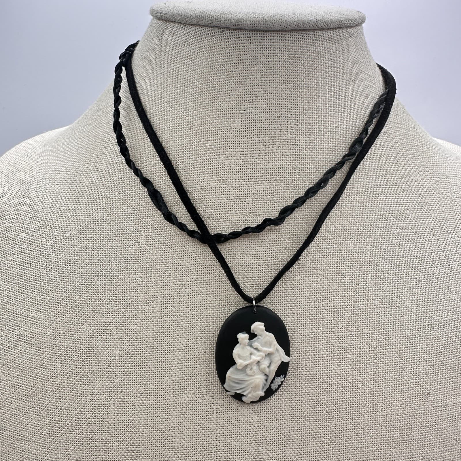 Vintage 90s Courting Scene Pendant Necklace Double Strand Black Cord Jewelry - Image 1