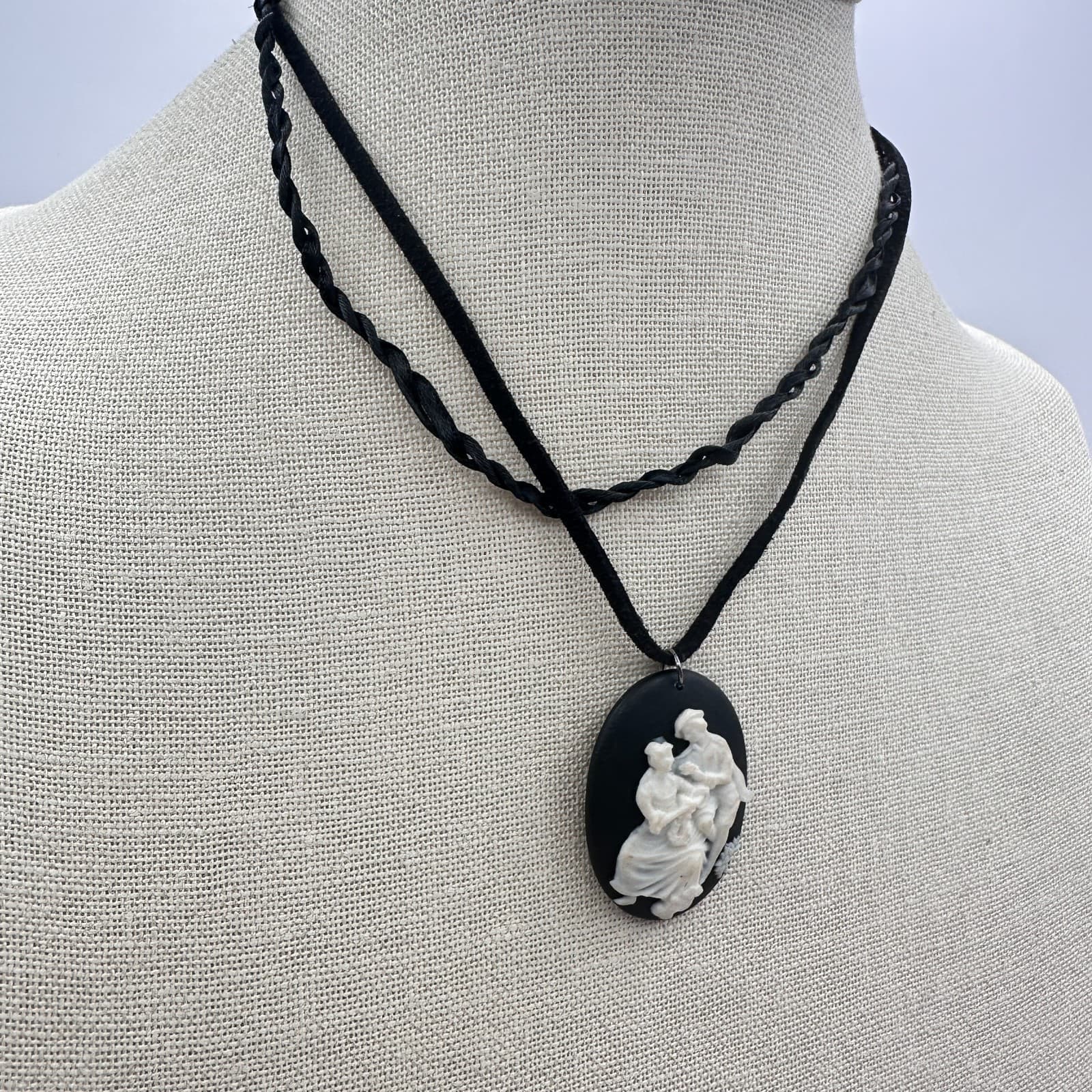 Vintage 90s Courting Scene Pendant Necklace Double Strand Black Cord Jewelry - Thumbnail 4