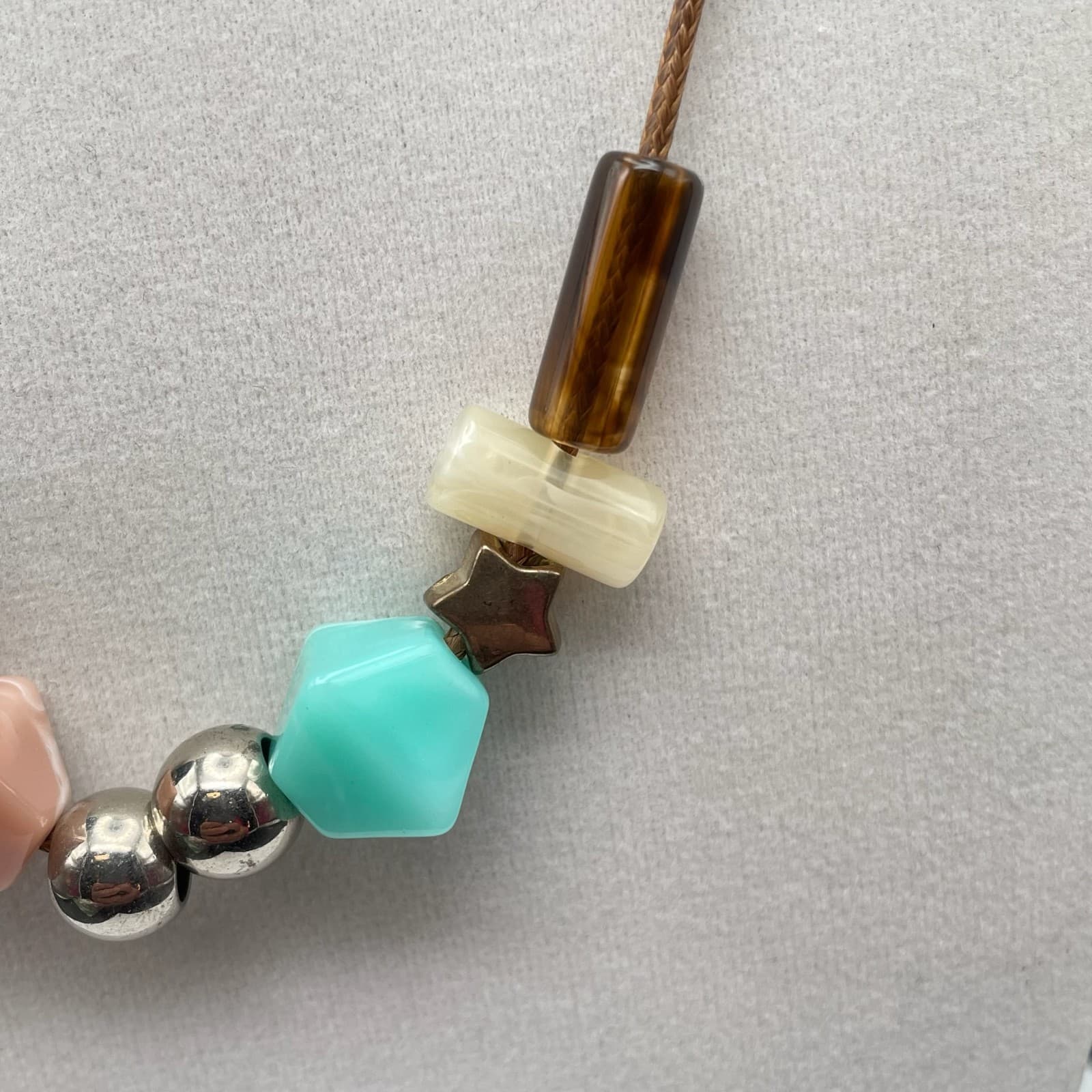 Boho Pastel Resin & Silver-Tone Bead Necklace on Braided Cord – Knot Closure - Thumbnail 5