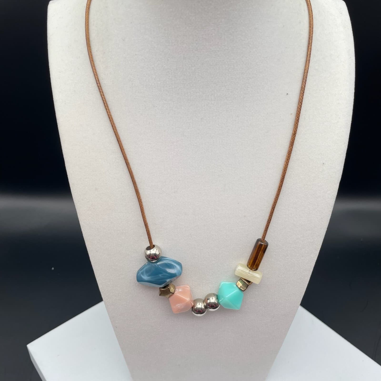 Boho Pastel Resin & Silver-Tone Bead Necklace on Braided Cord – Knot Closure - Image 1