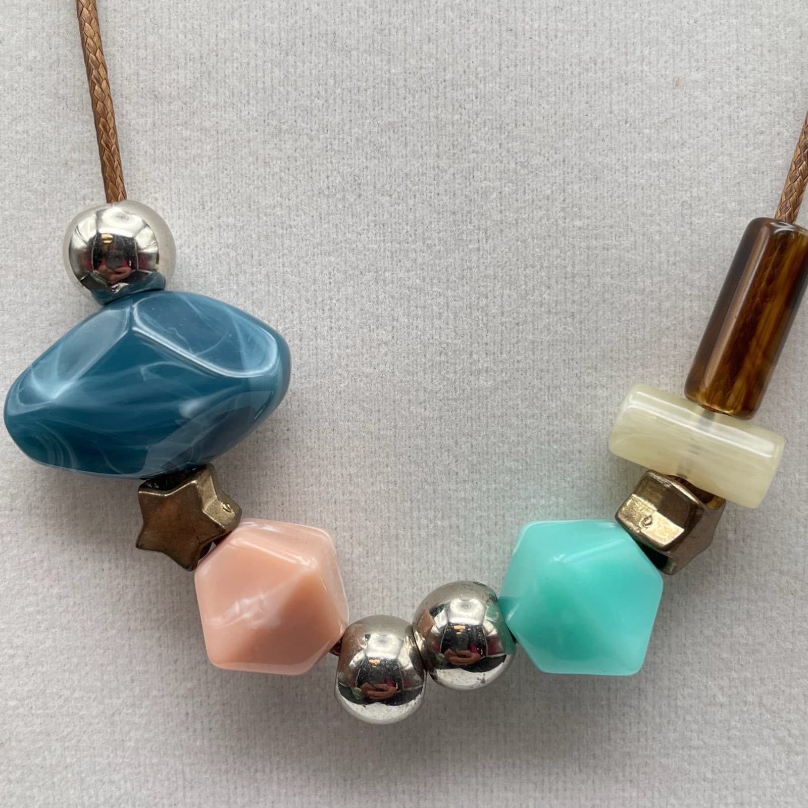 Boho Pastel Resin & Silver-Tone Bead Necklace on Braided Cord – Knot Closure - Thumbnail 3