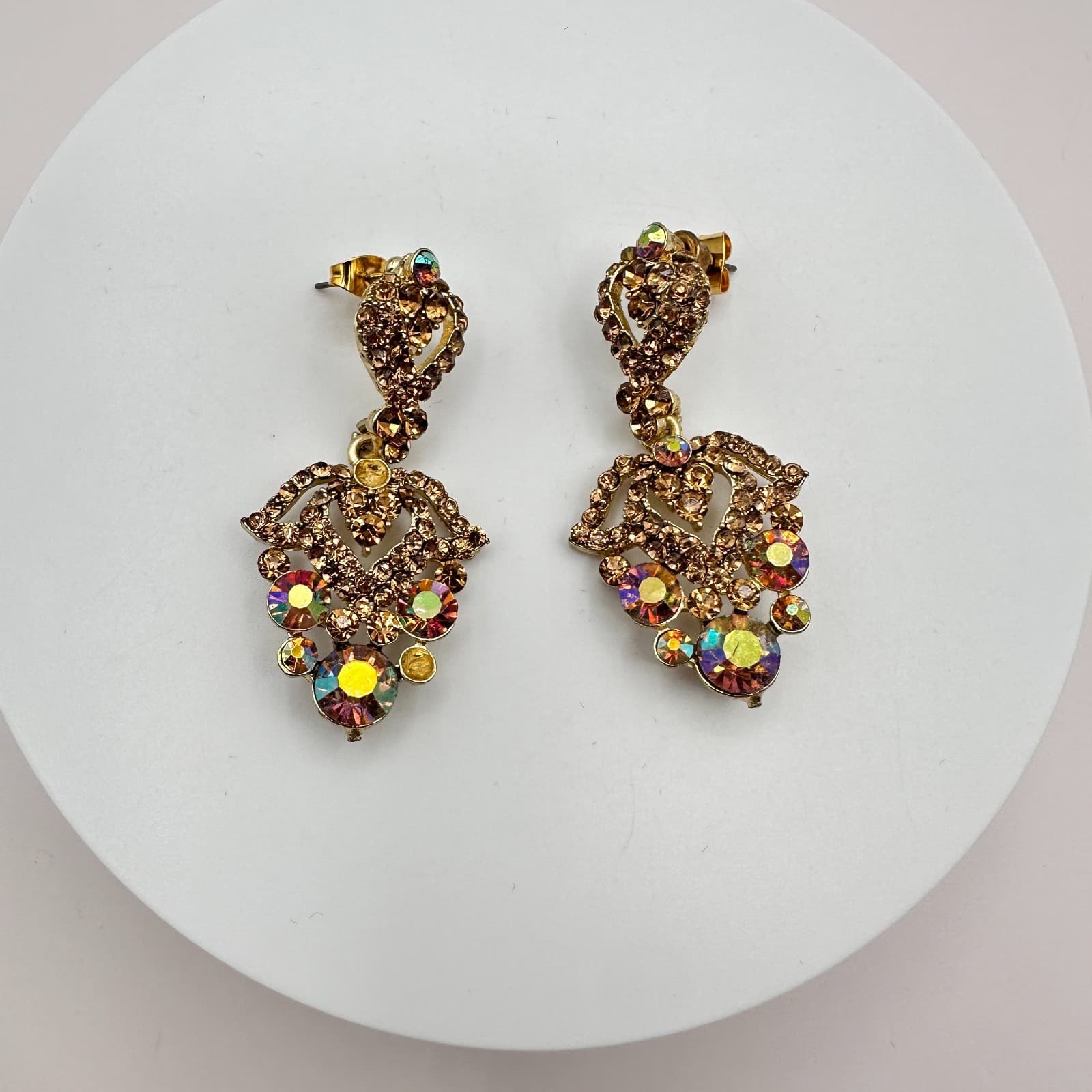 Vintage 90s Victorian Style Gold Tone Brealis Rhinestone Dangle Earrings Jewelry - Thumbnail 2