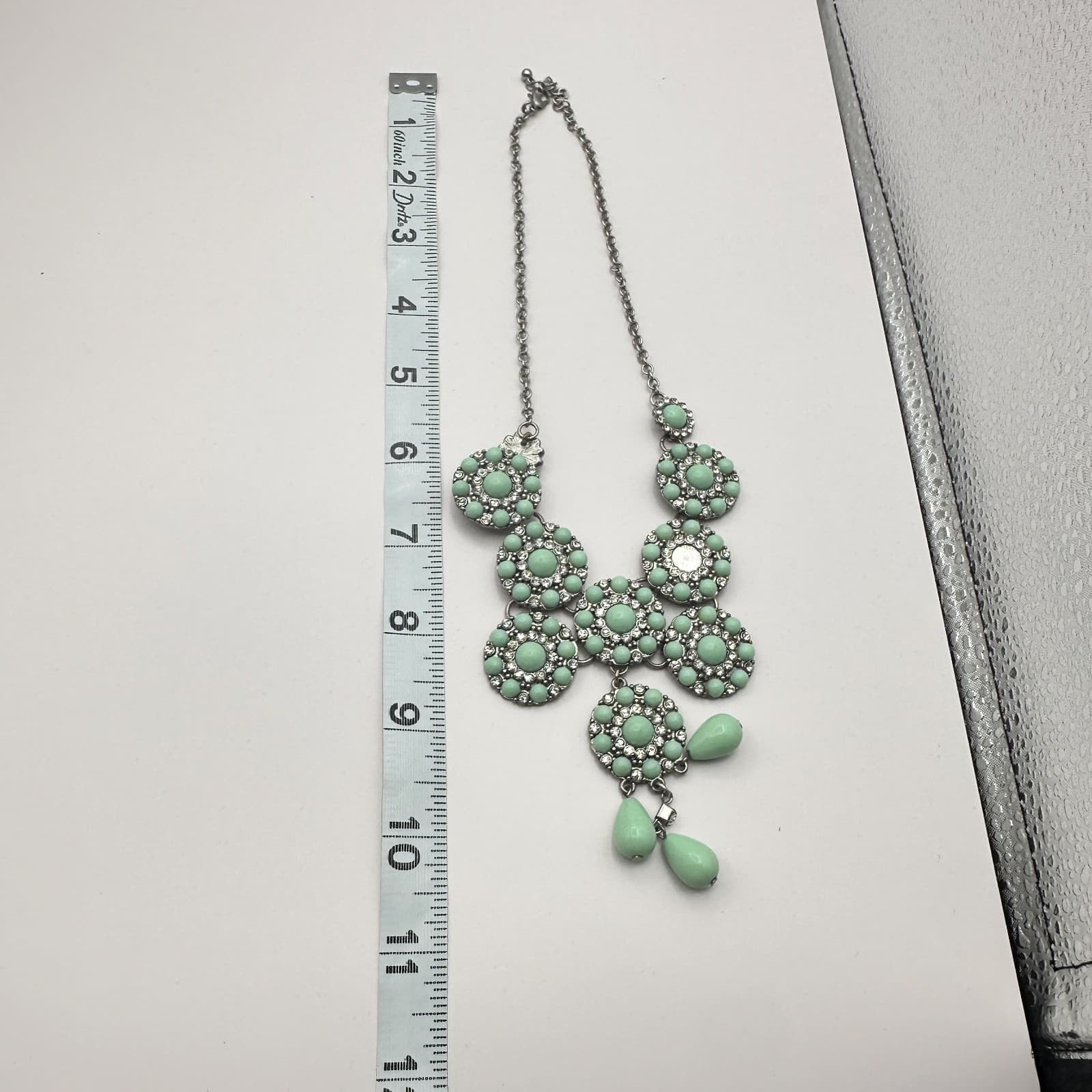 Vintage Y2K Silver Tone Mint Green Rhinestone Bib Necklace Women's Jewelry - Thumbnail 7