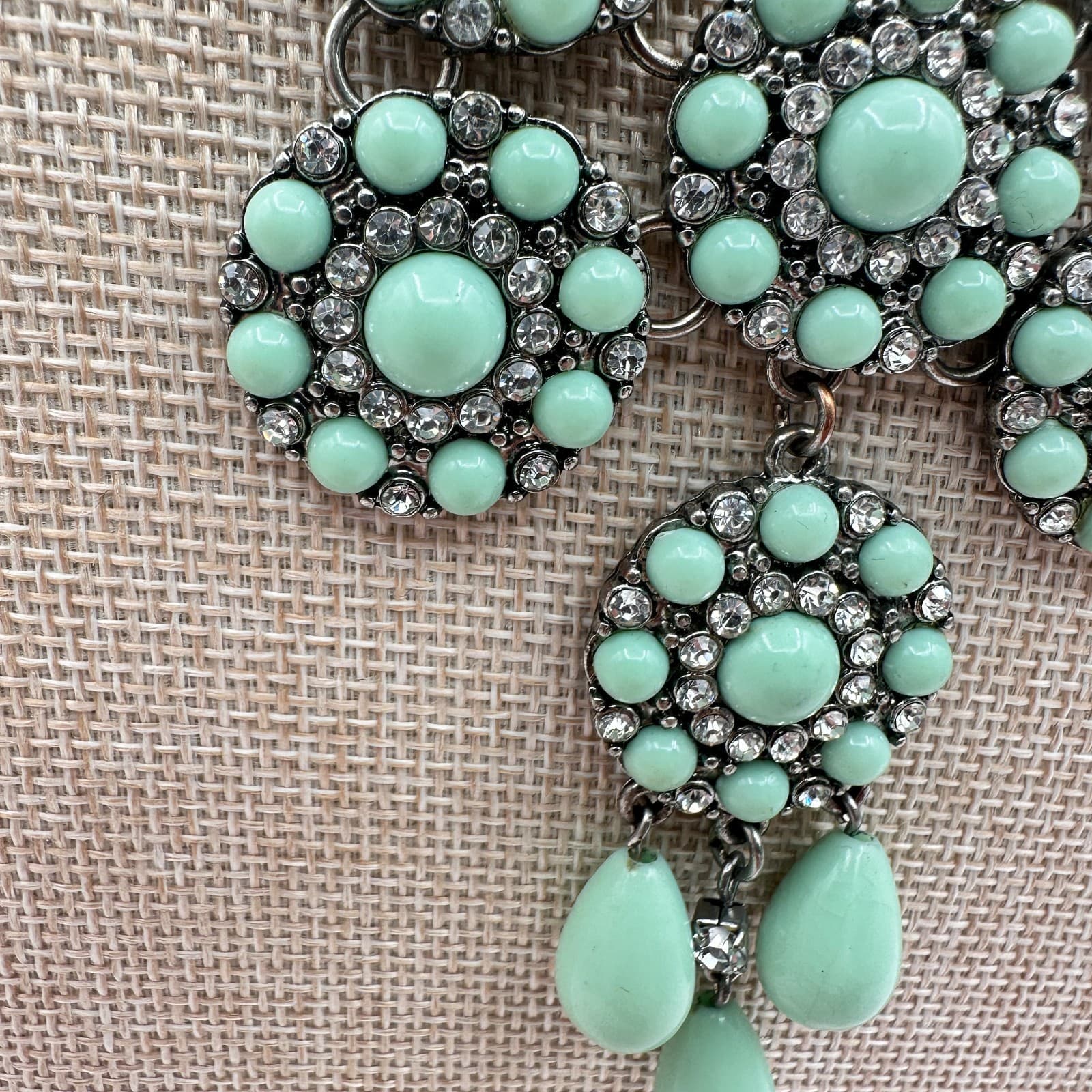 Vintage Y2K Silver Tone Mint Green Rhinestone Bib Necklace Women's Jewelry - Thumbnail 4