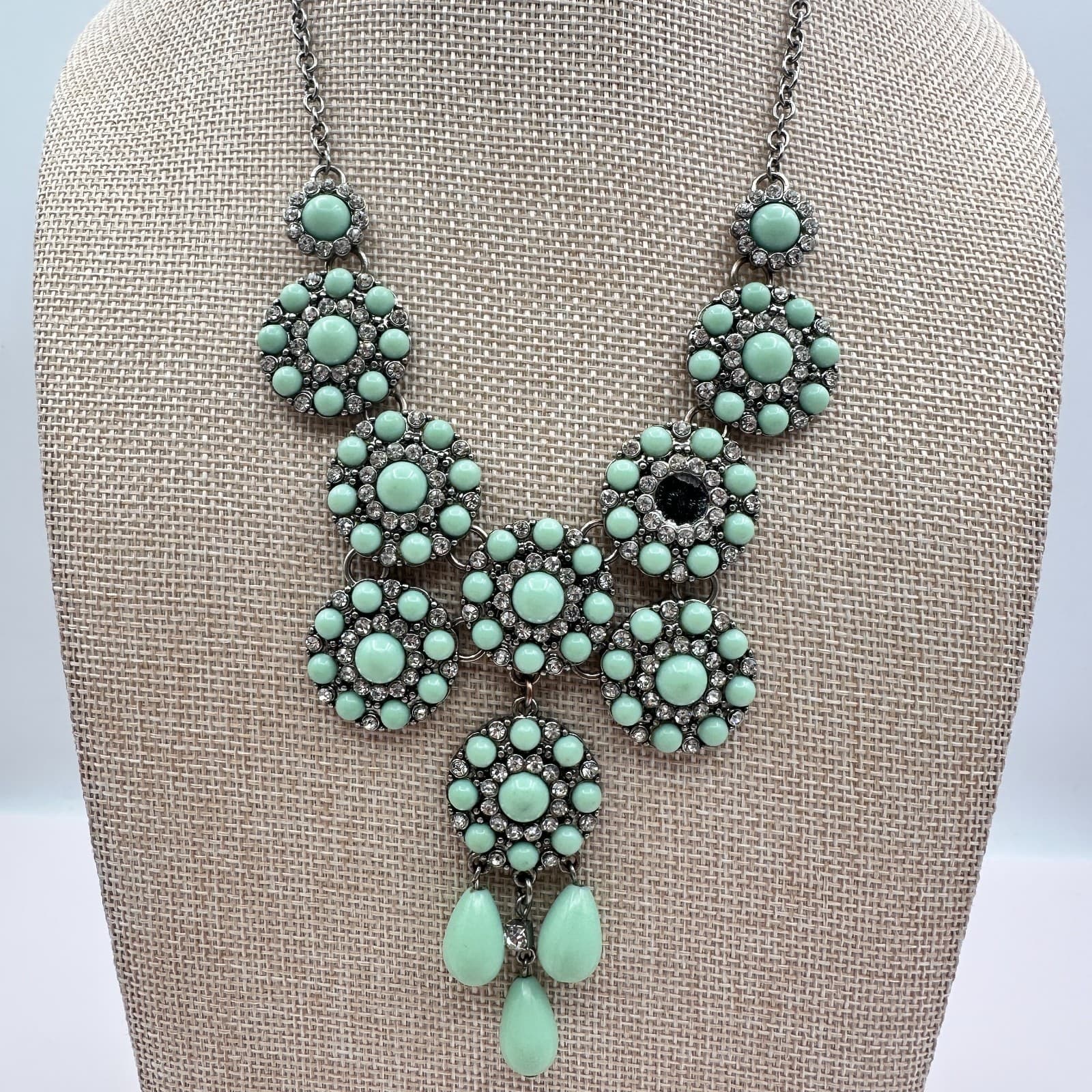 Vintage Y2K Silver Tone Mint Green Rhinestone Bib Necklace Women's Jewelry - Thumbnail 5