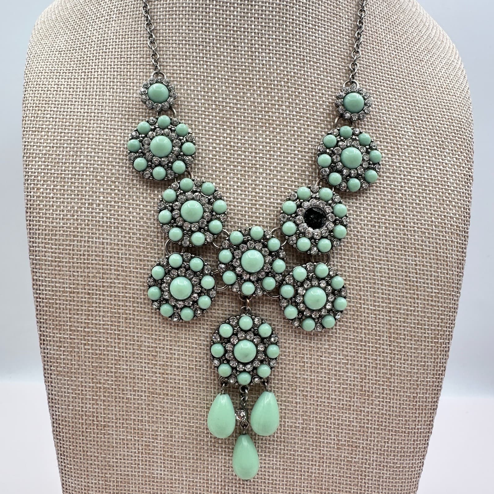 Vintage Y2K Silver Tone Mint Green Rhinestone Bib Necklace Women's Jewelry - Thumbnail 2