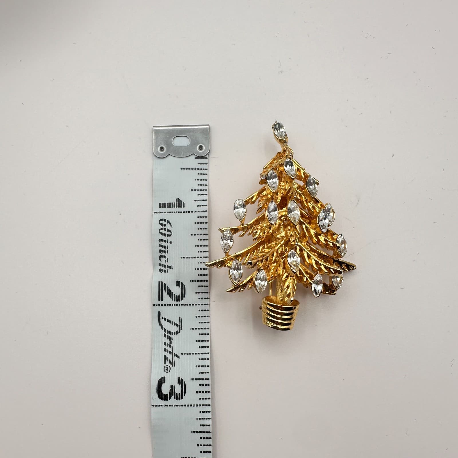 Vintage 90s Marquise Clear Glass Gold Tone Christmas Tree Brooch Pin Jewelry - Thumbnail 6