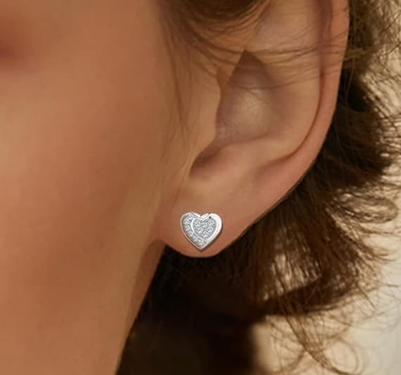 Luxery iced out sterling silver double heart earrings 925 on the earrings &backs - Thumbnail 2