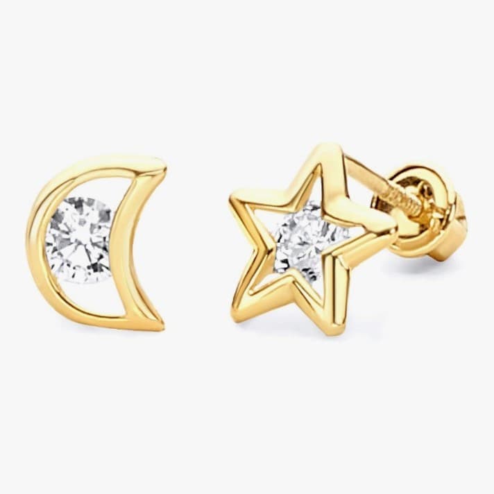 Star and moon 14k solid gold earrings - Image 1