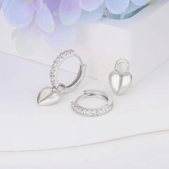 925 sterling silver & white gold plating heart drop huggie hoop earrings - Thumbnail 4
