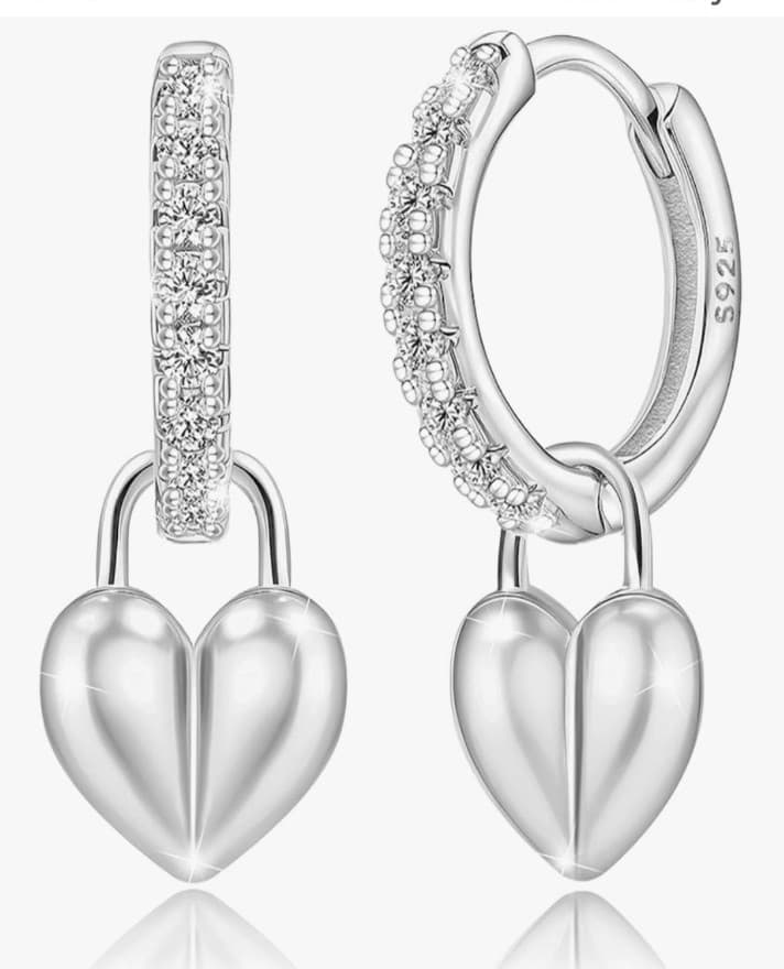 925 sterling silver & white gold plating heart drop huggie hoop earrings - Image 1