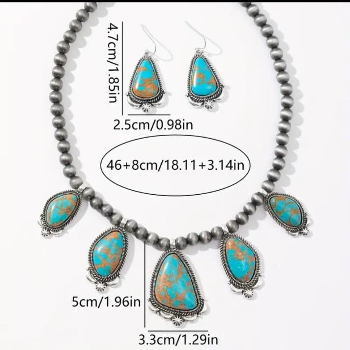 Southwestern-style turquoise and silver-tone beaded necklace & matching earrings - Thumbnail 2