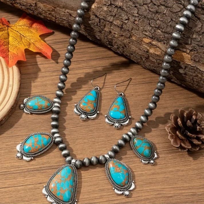 Southwestern-style turquoise and silver-tone beaded necklace & matching earrings - Image 1