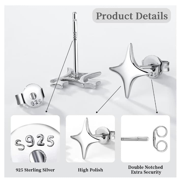 925 Sterling Silver Studs Earrings for Women 2 Pairs Star Stud Earrings Set - Thumbnail 2