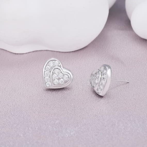 Luxery iced out sterling silver double heart earrings 925 on the earrings &backs - Thumbnail 4