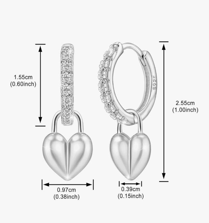 925 sterling silver & white gold plating heart drop huggie hoop earrings - Thumbnail 2