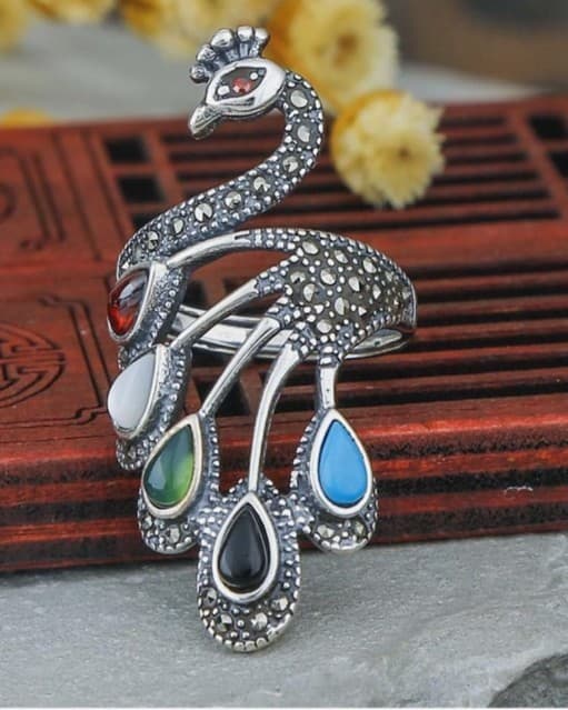Sterling silver plated adjustable statement Peacock Ring - Thumbnail 2