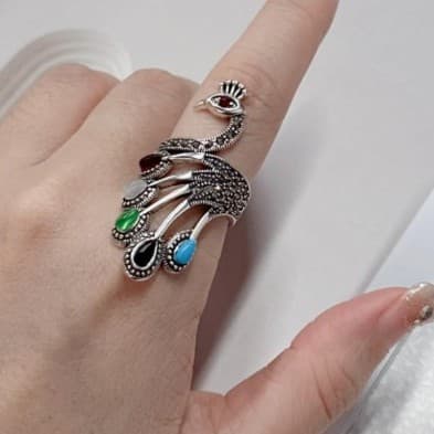 Sterling silver plated adjustable statement Peacock Ring - Thumbnail 5