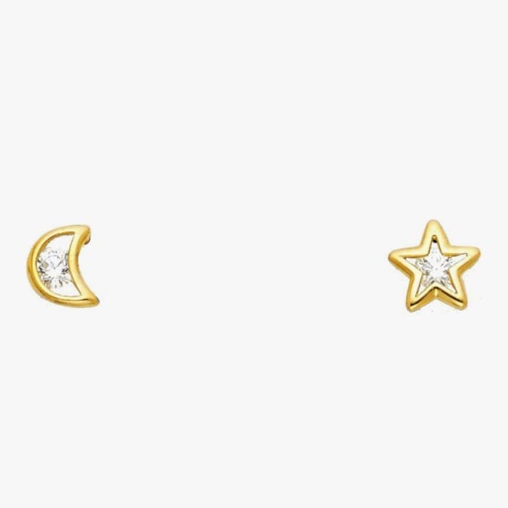 Star and moon 14k solid gold earrings - Thumbnail 2