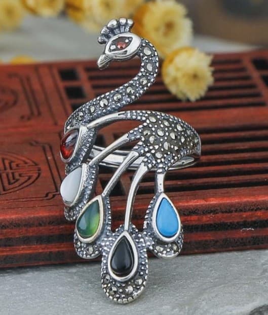 Sterling silver plated adjustable statement Peacock Ring - Thumbnail 3
