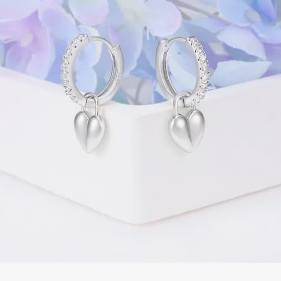 925 sterling silver & white gold plating heart drop huggie hoop earrings - Thumbnail 3